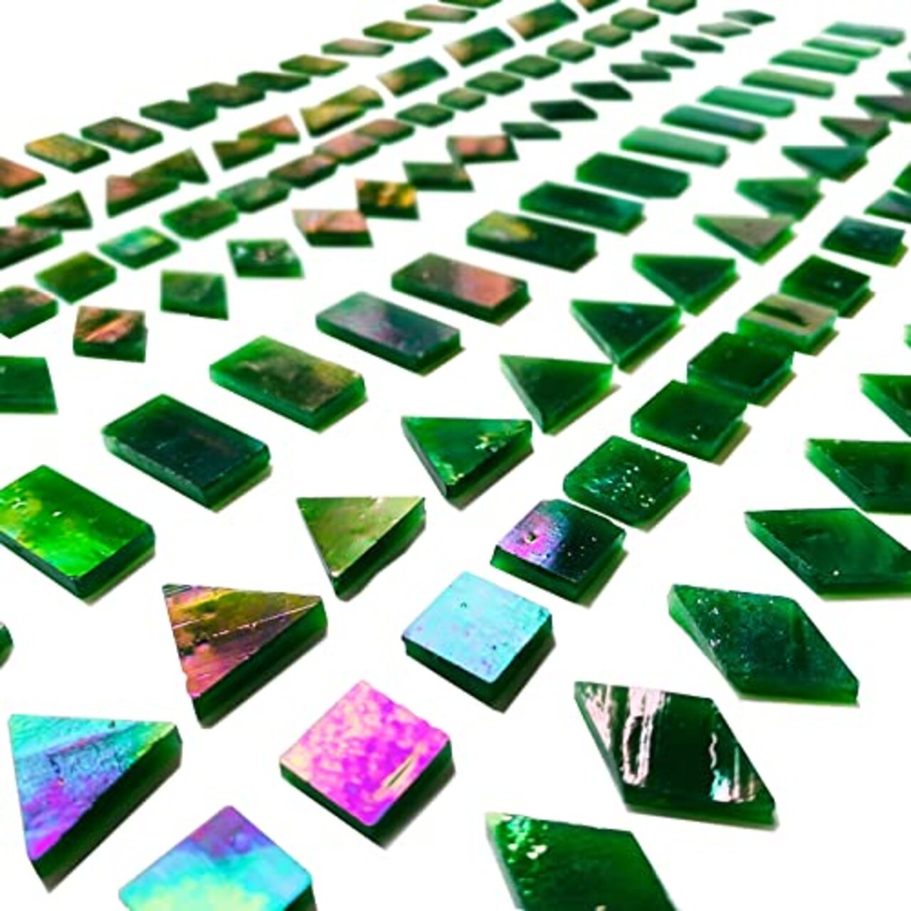 280 Pieces Iridescent Green Mosaic Tiles for Crafts, Mixed 4 Shapes Stained Glass Sheets, Stained Glass Supplies for Mosaic Projects